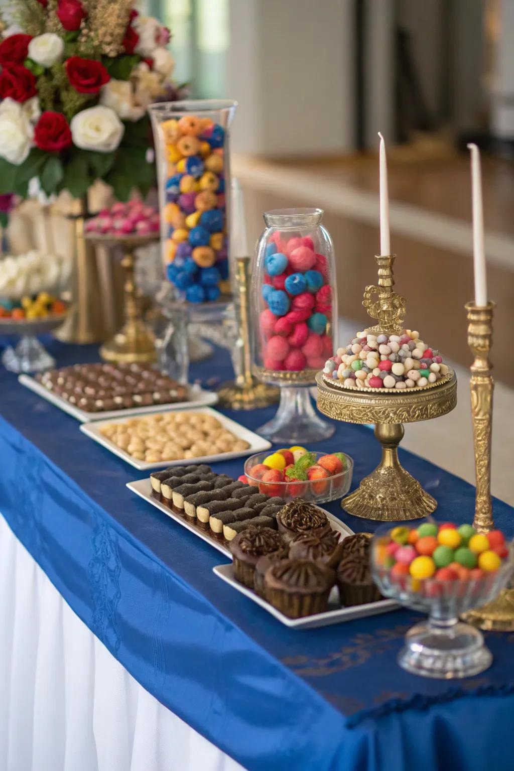 A midnight blue table accent bringing thematic harmony to the arrangement.