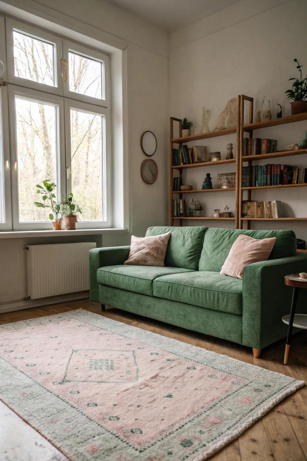Pales soften the boldness of a green couch for a calming effect.