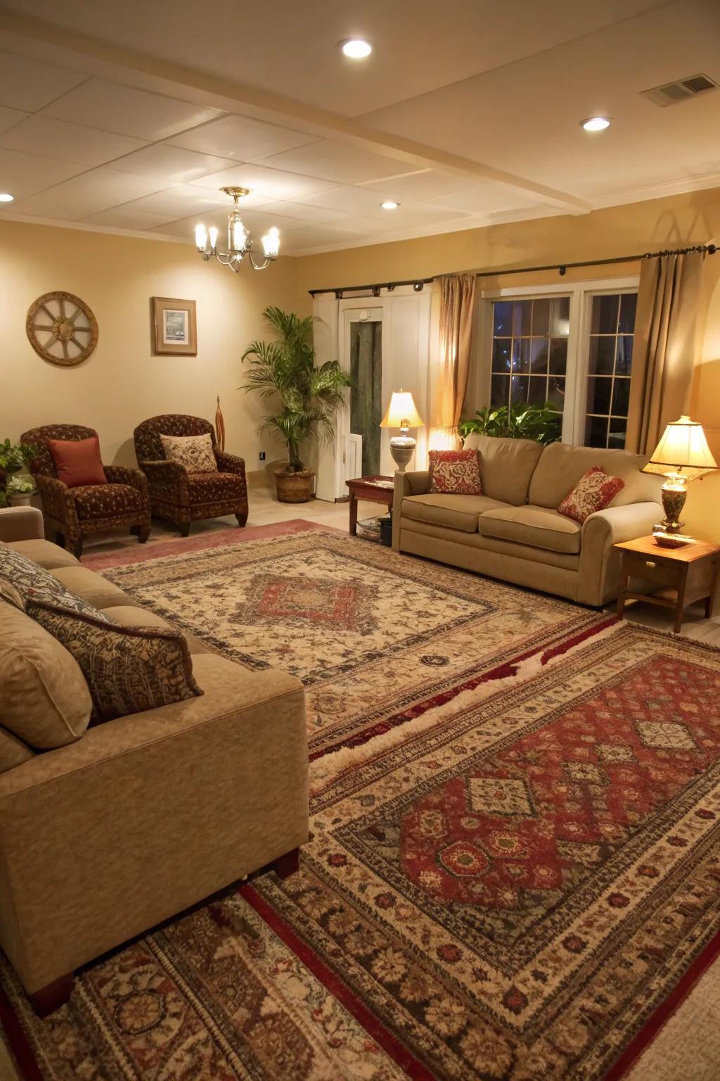 Layering rugs creates a luxurious and inviting space.