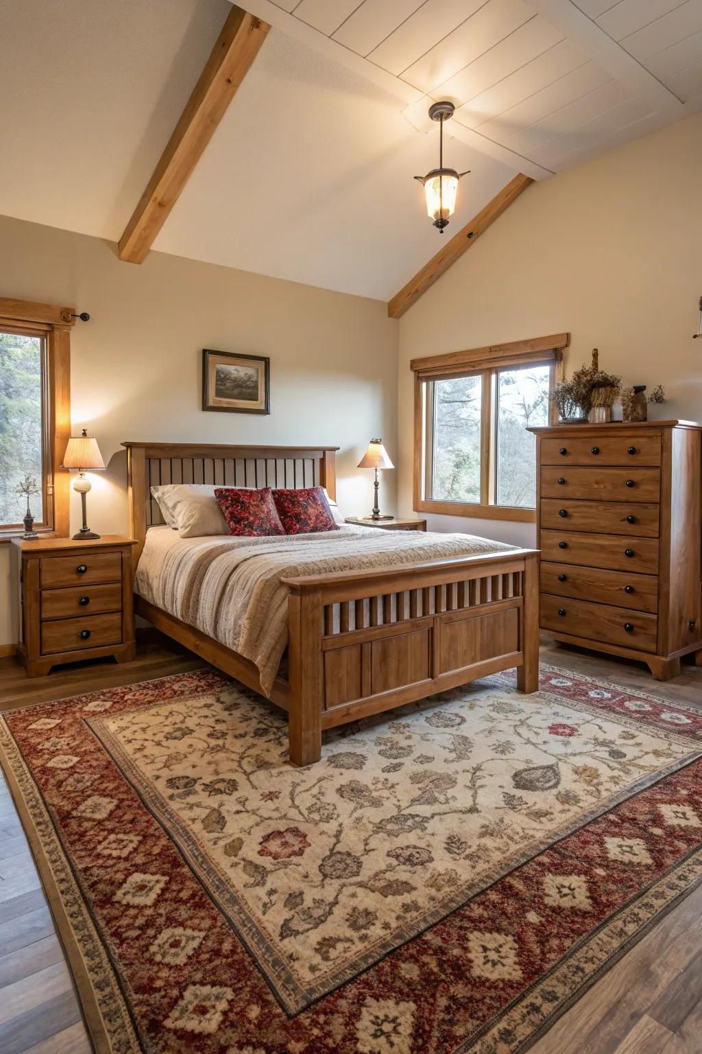 Complementary rugs and furniture create a cohesive design.