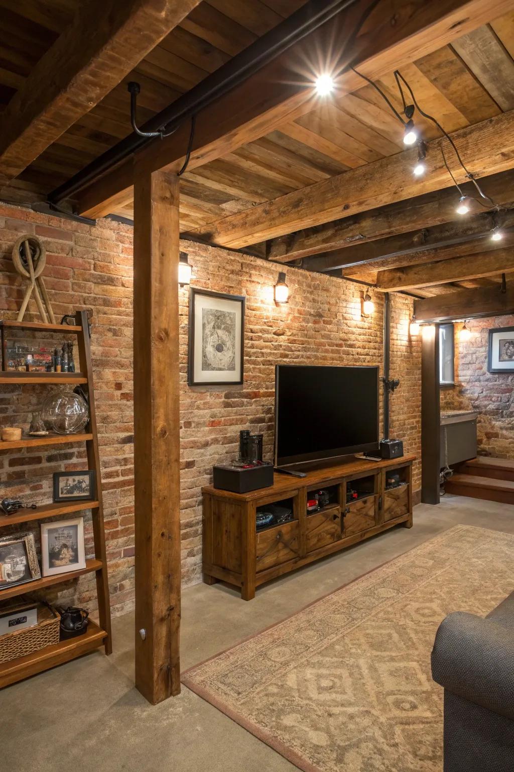 Modern amenities blend effortlessly in a rustic basement.