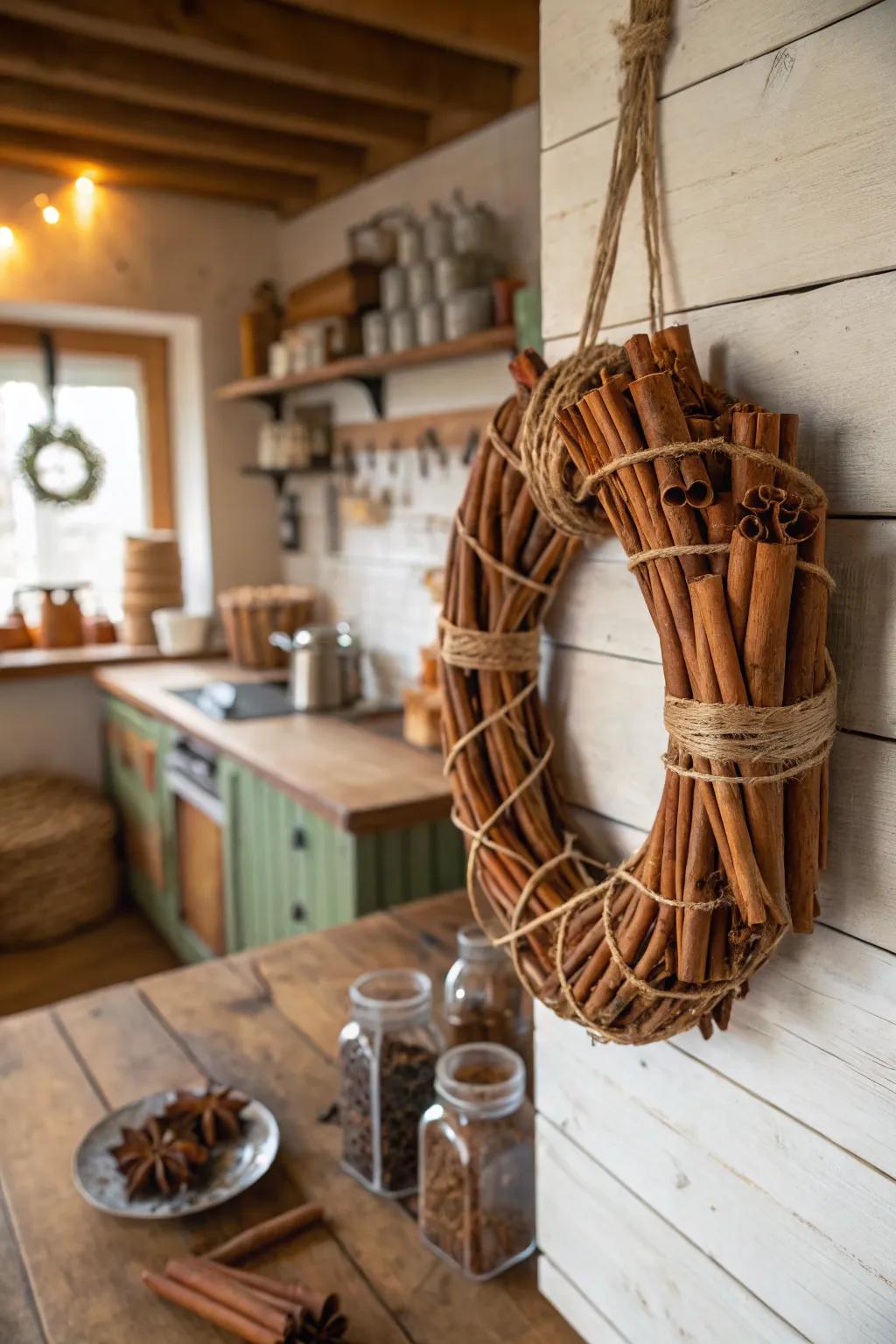 Cinnamon rods give a warm aroma to the wreath.
