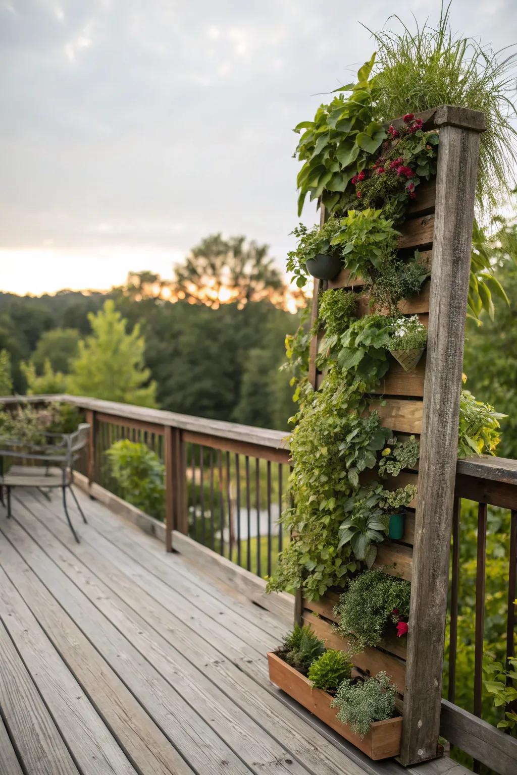 Standing gardens add vegetation and privacy to this country deck.