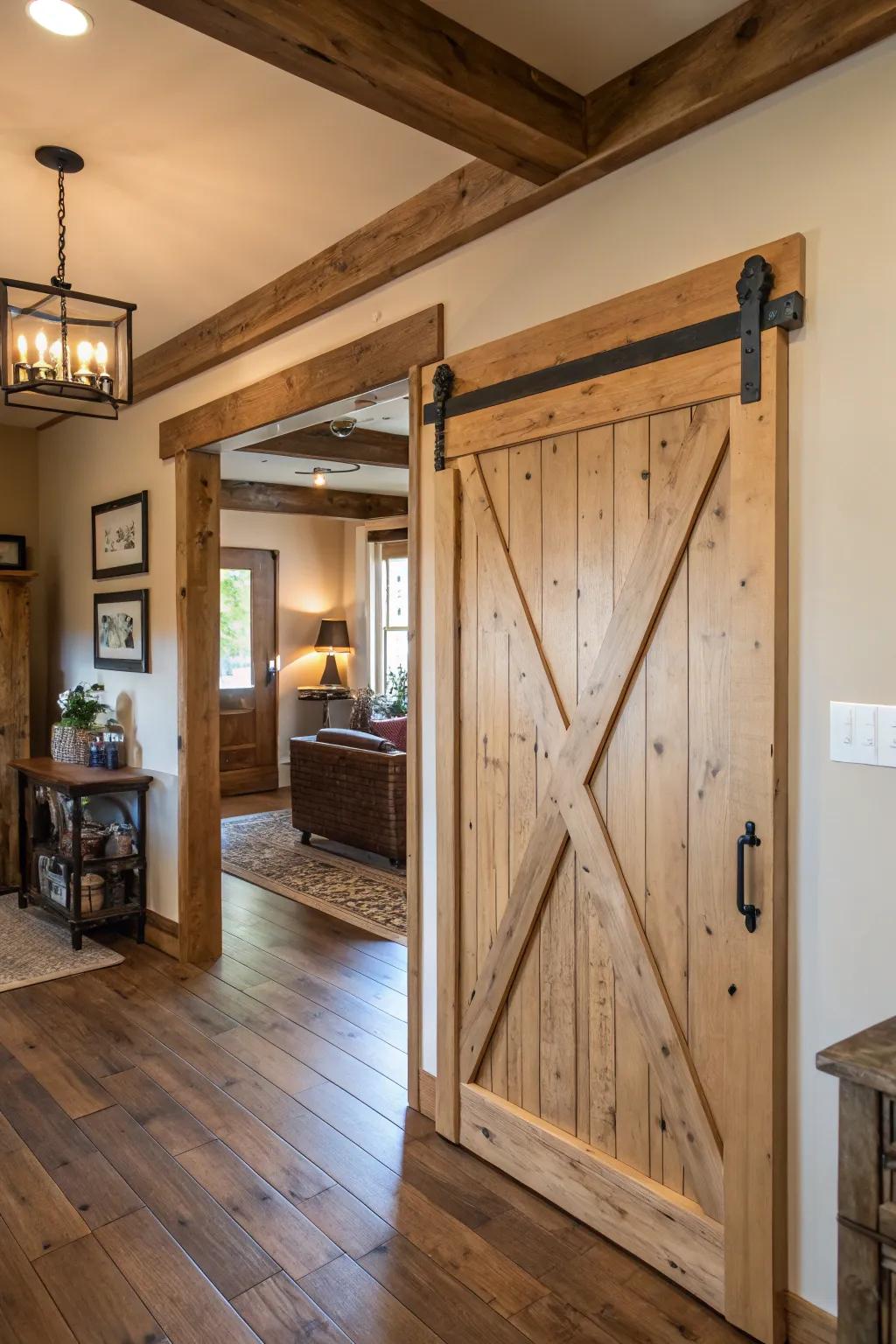 A farmhouse style door frame with charming cross-bracing details.