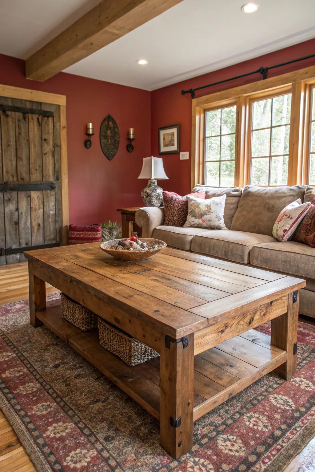 Repurposed wood adds a sustainable countryside touch to the family room.