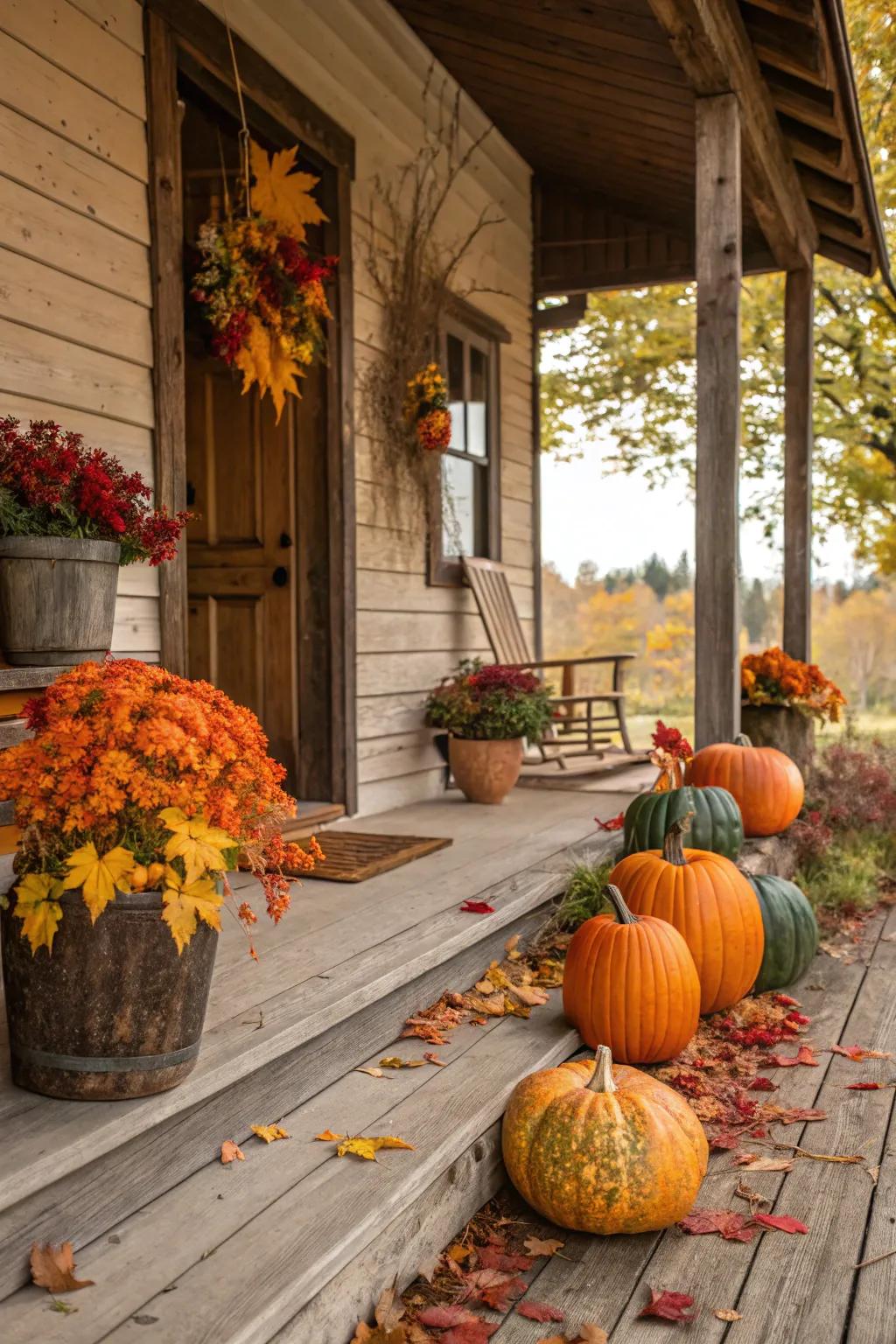 Seasonal decor brings a festive touch to this rustic porch.