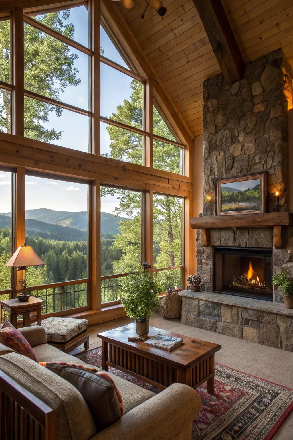 Interior-exterior harmony is attained with this rustic fireplace design.