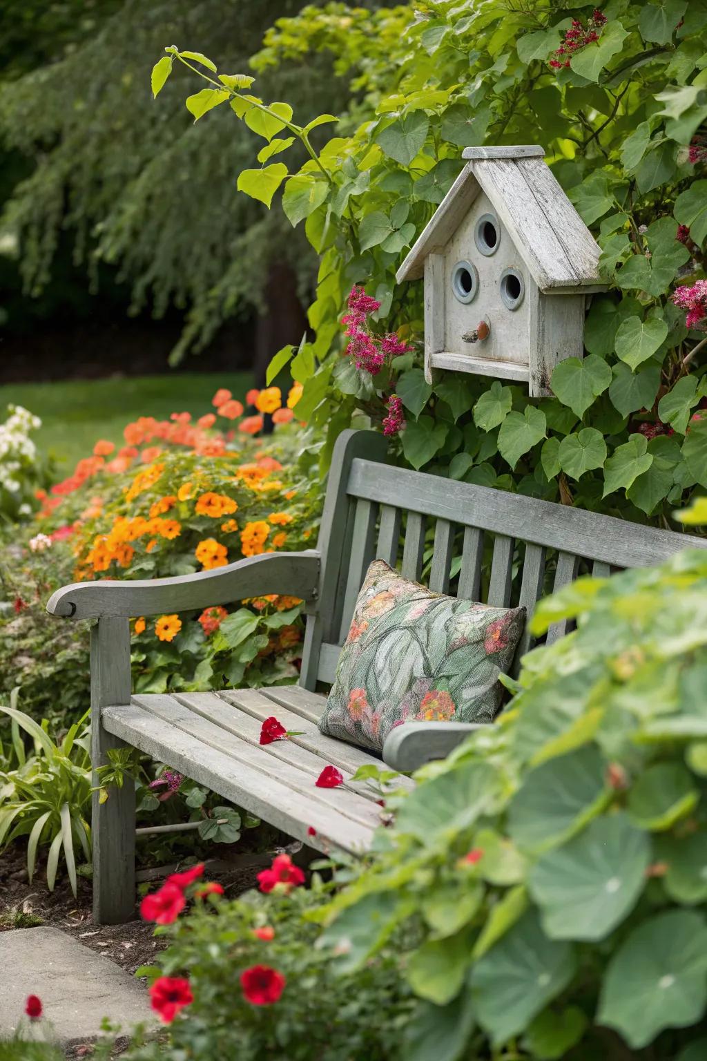 A playful garden bench with birdhouse accents on the backrest.