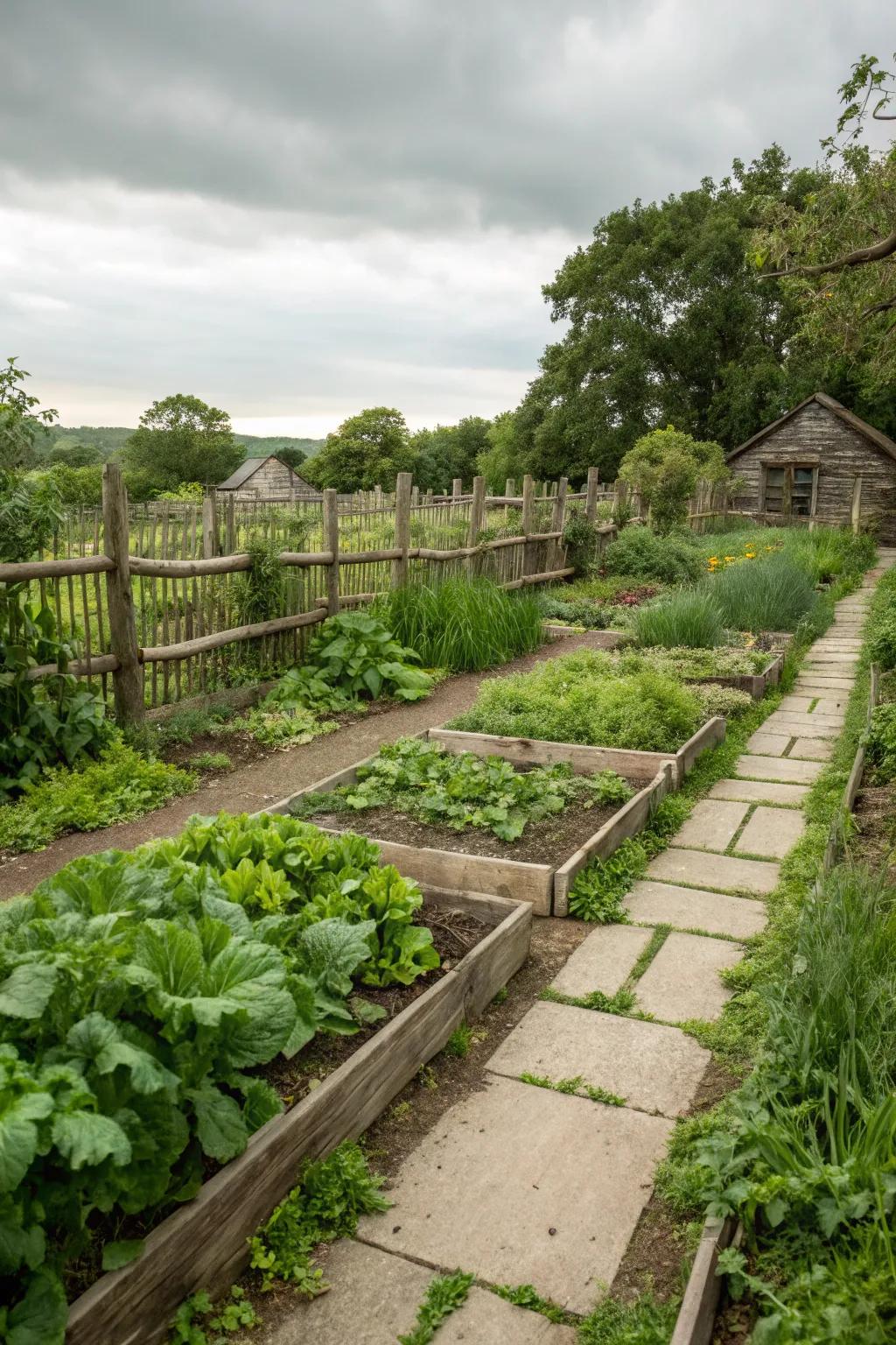 A flourishing vegetable and herb garden in a country setting.