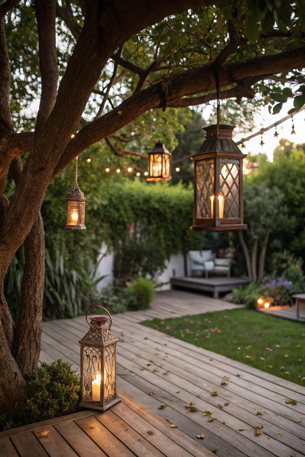 Outdoor lights create an enchanting atmosphere on this patio.