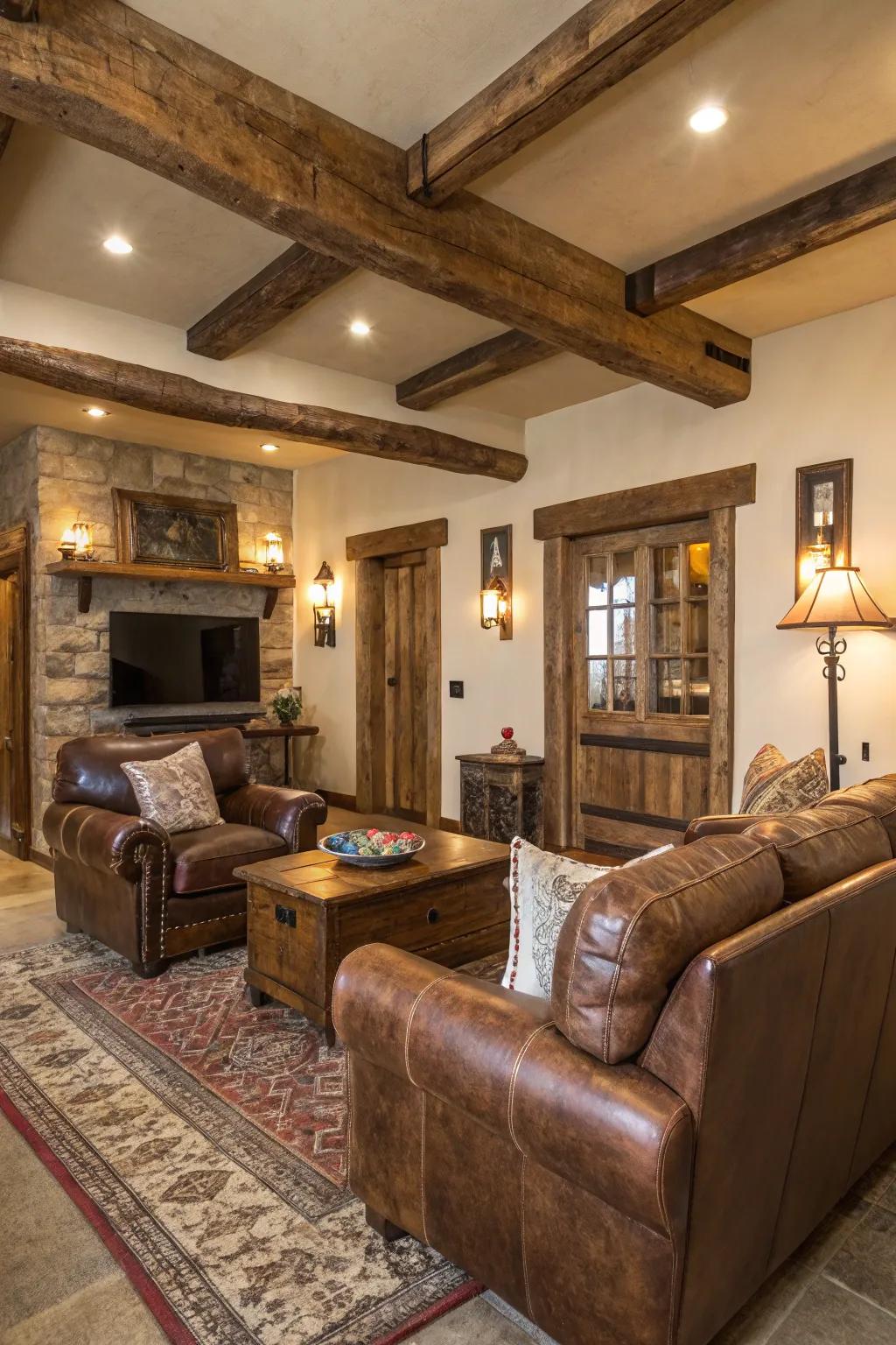 Distressed leather furniture contributes comfort and character to rustic spaces.