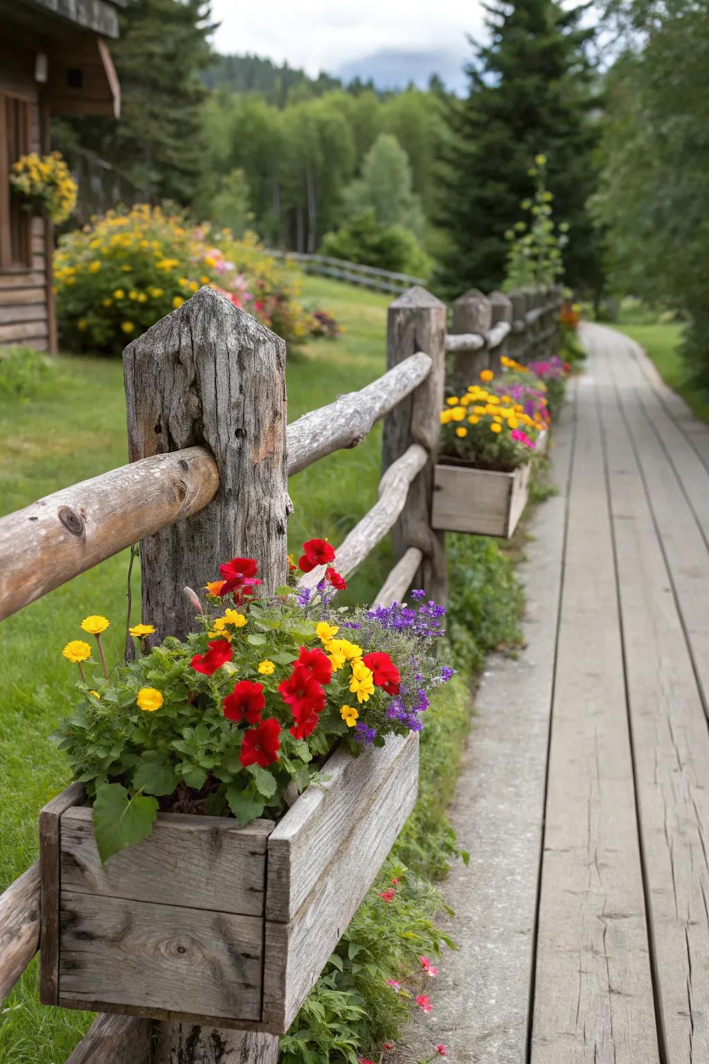 Flower boxes attached to a log fence bring vibrant life to a natural setting.