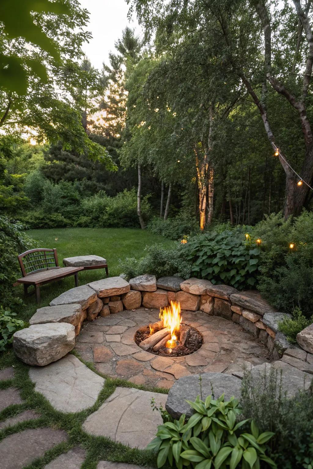 Organic rock seating builds an inviting fire pit space.
