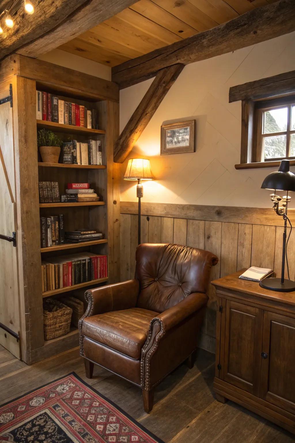 A snug reading space provides retreat within a country office setup.