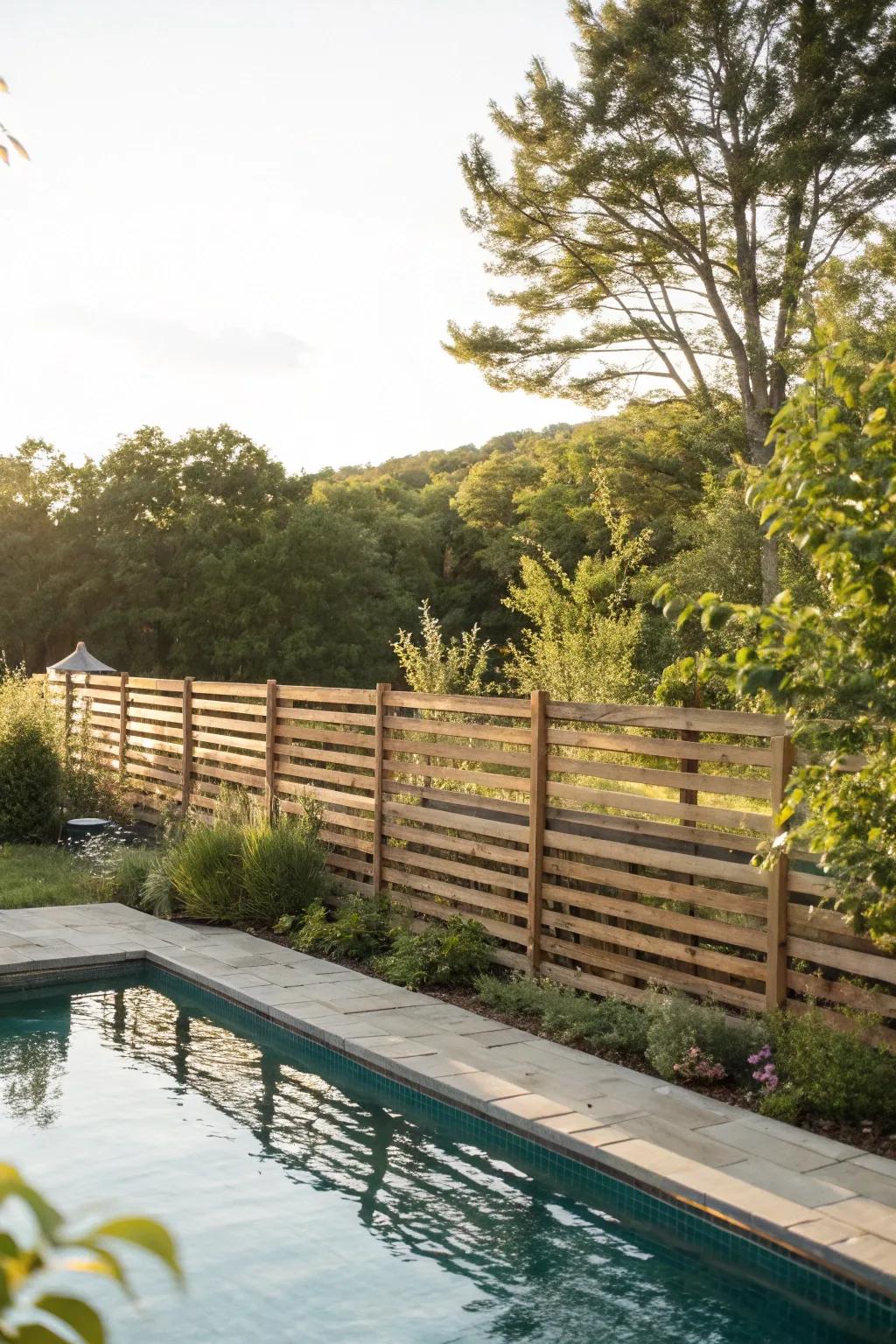 Horizontal timber boards crafting a warm, secluded poolside retreat.