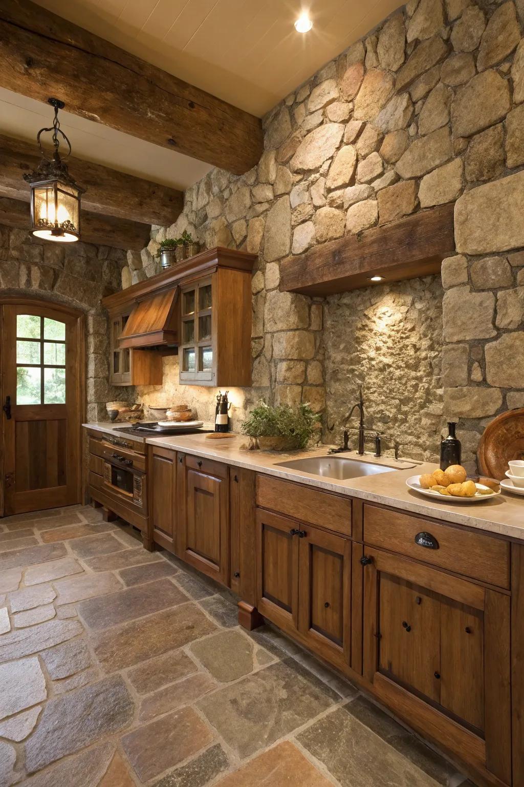 Rockwork introduces natural texture to this countryside kitchen.