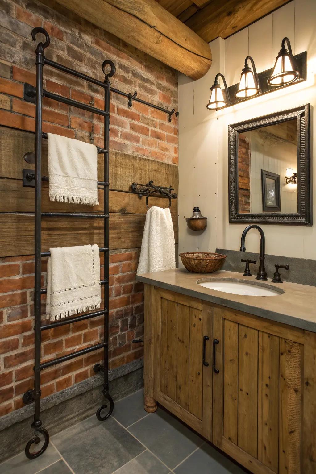 Cast iron towel racks add a countryside, factory-inspired touch.