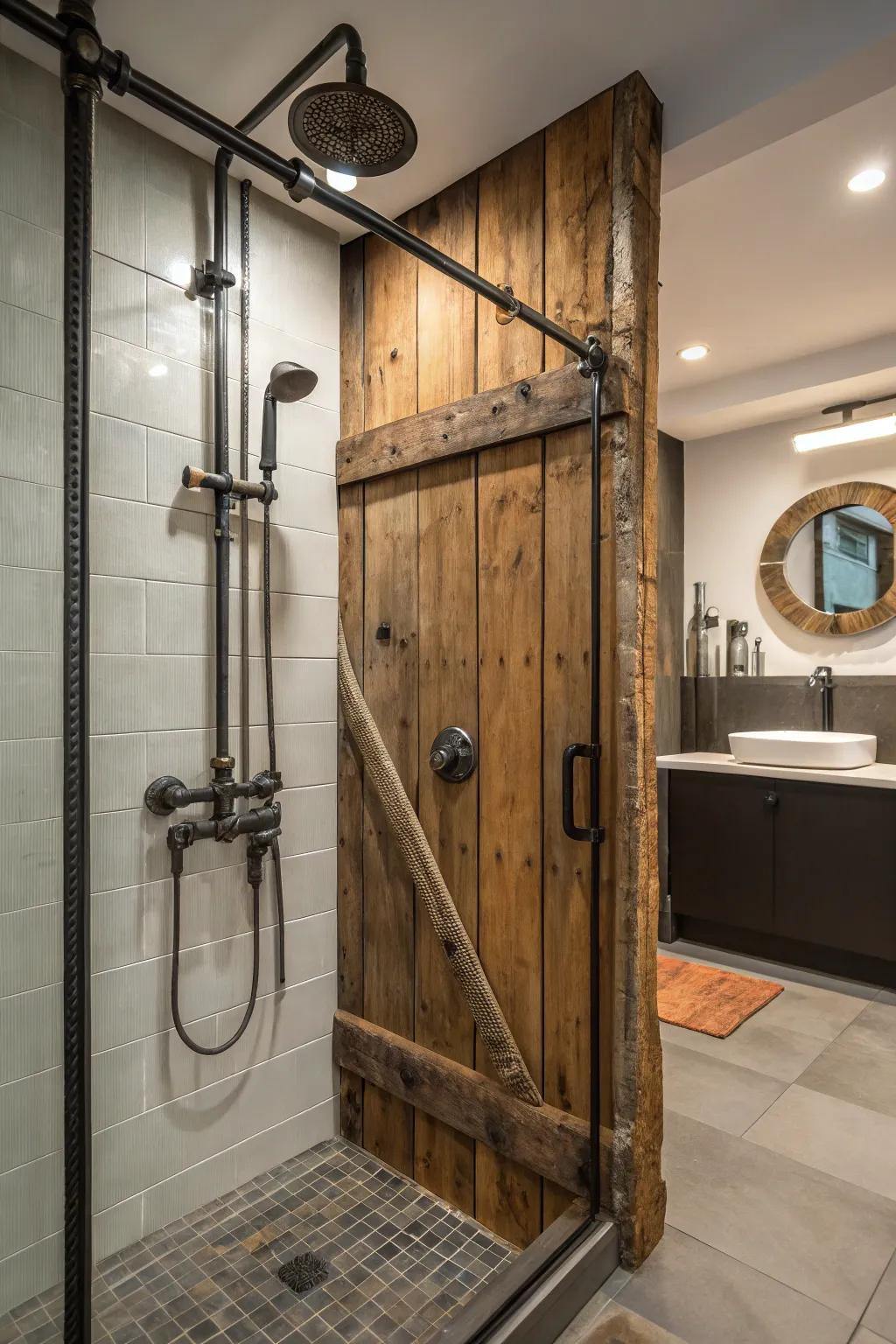 A country-style shower showcasing industrial metal features that introduce a warm yet edgy component.
