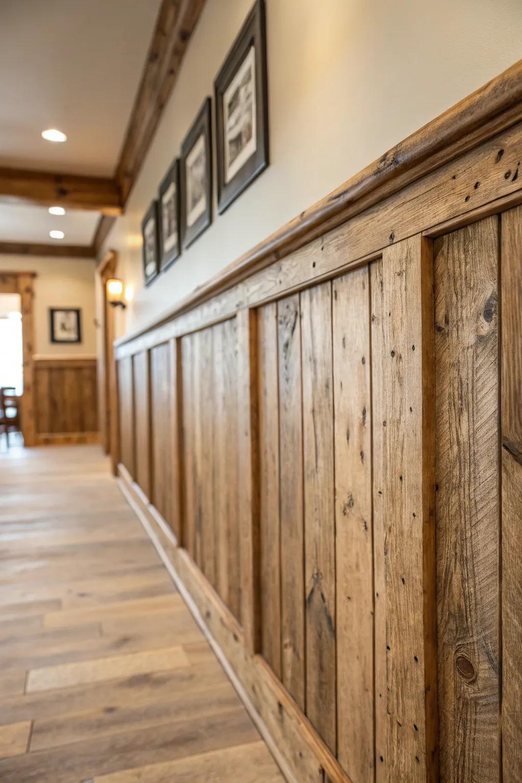 Recycled wood wainscoting adds historical charm.
