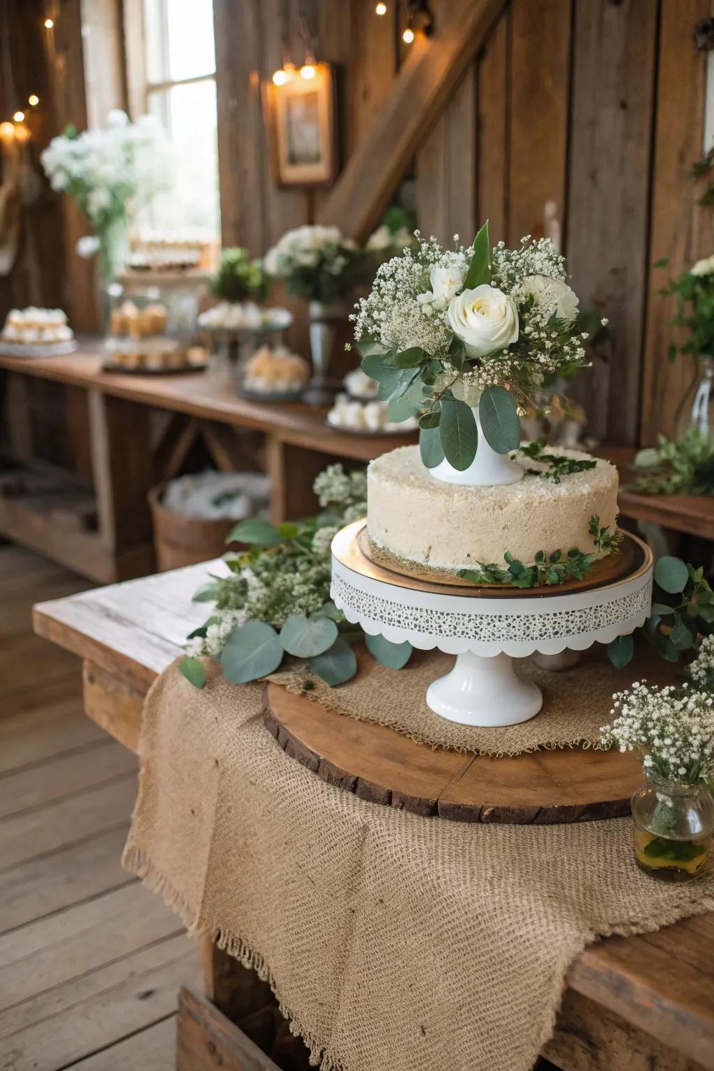 Rough fabric runner enhances cohesion in the countryside-style dessert display.