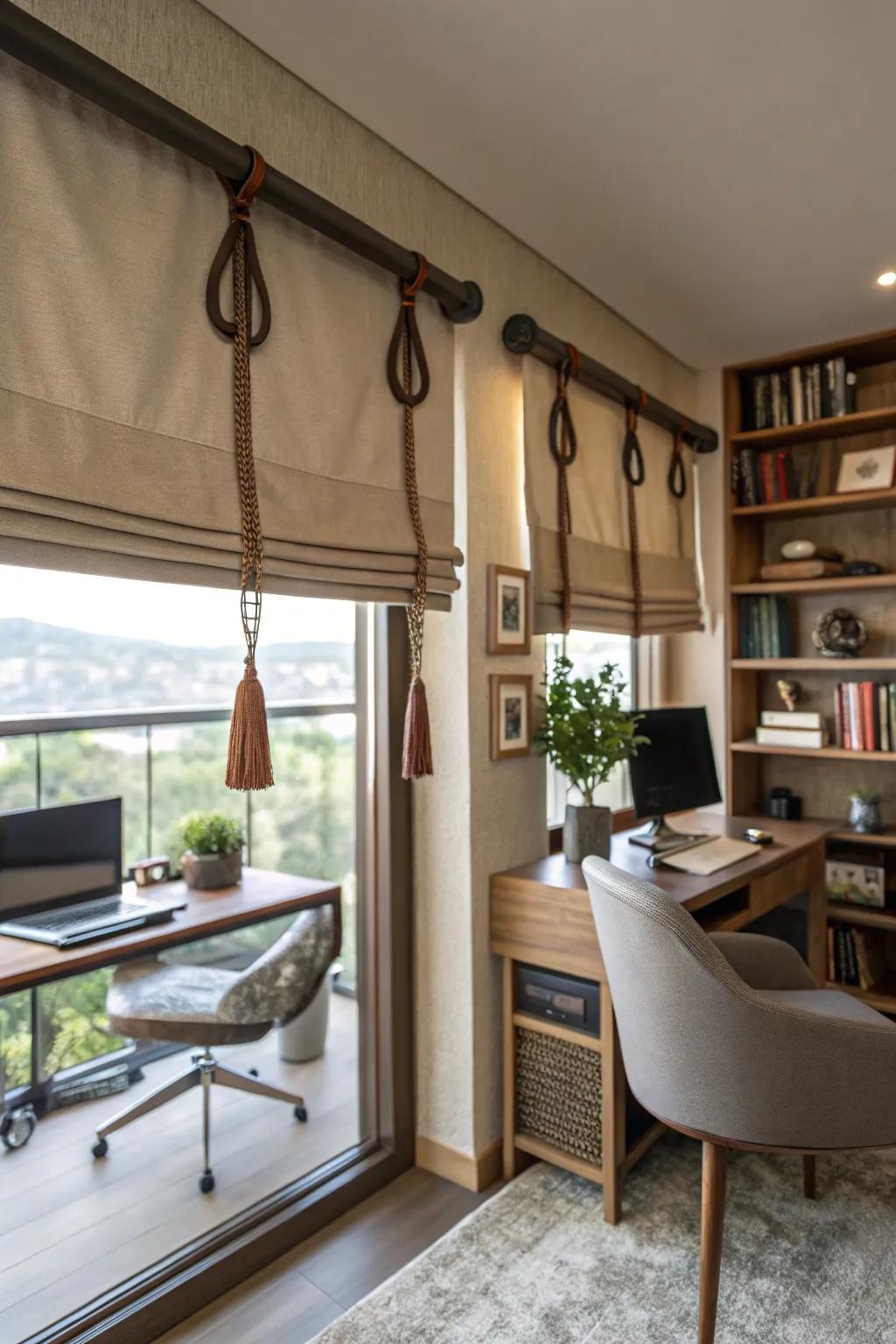A stylish office featuring a valance with leather strap details, adding a touch of elegance.