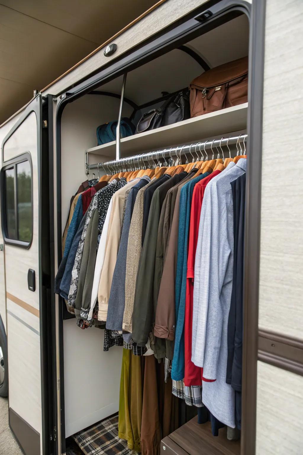 Tiered hangers efficiently utilize vertical area in an RV closet.