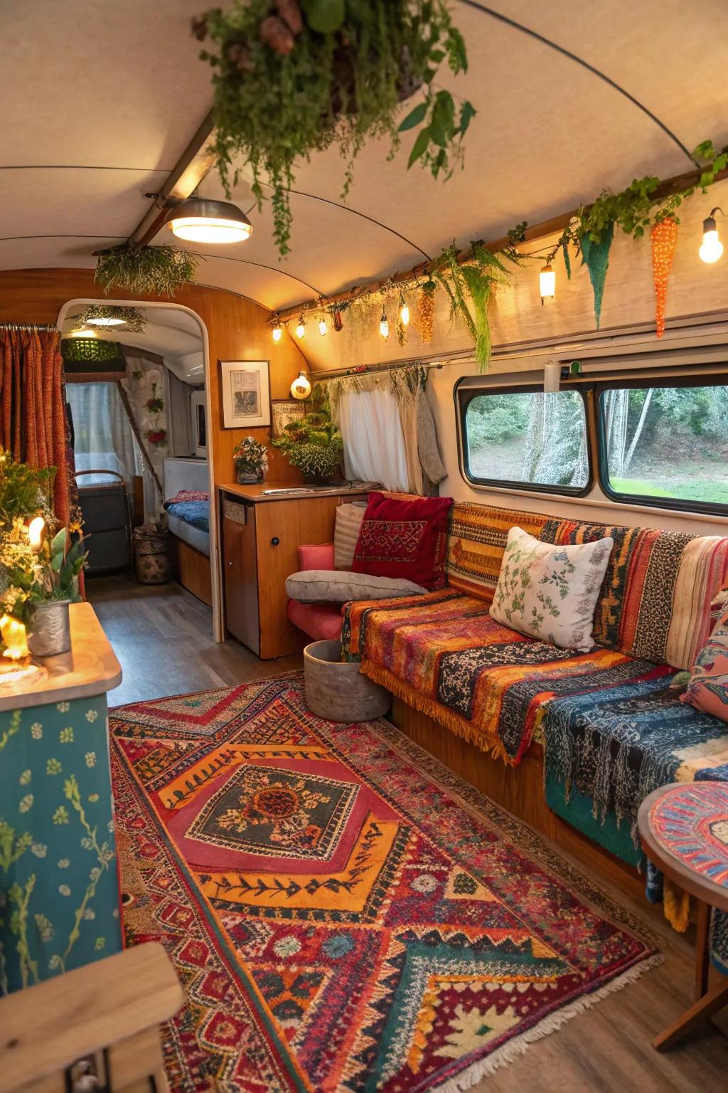 Bohemian refinement style contributes to a free spirited dash to this RV.