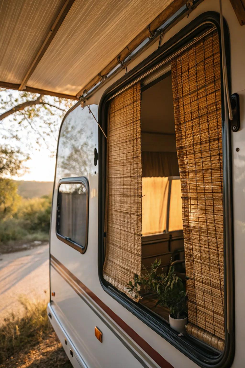 Eco-friendly elegance: reed shades in an RV.