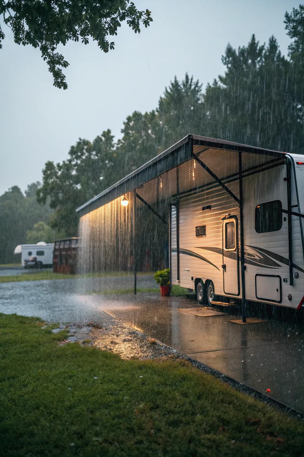 An RV shed with a vertical roof, ideal for rainy regions.