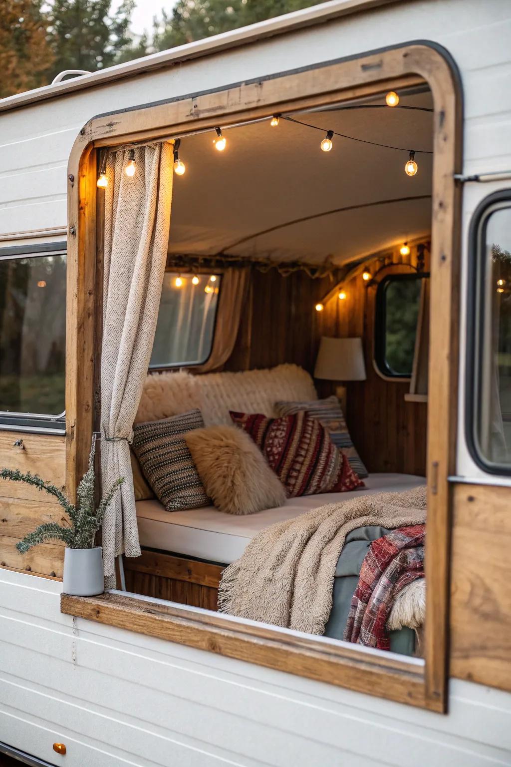 Country wood frames add a cozy, cabin-like charm to RV windows.