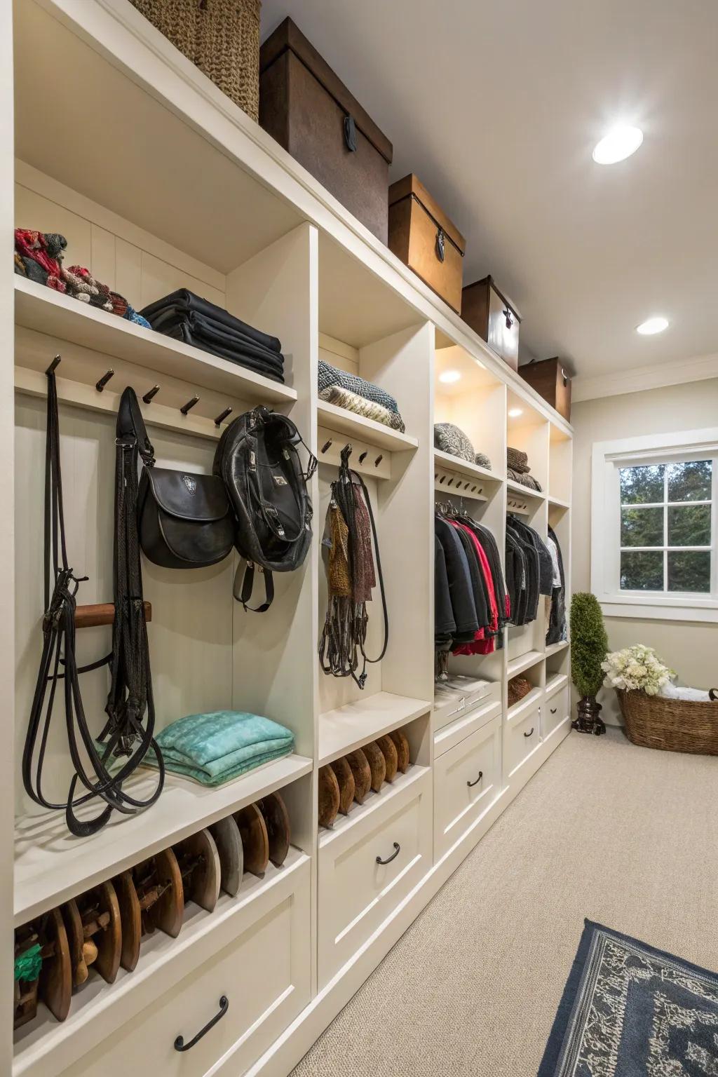 Shelves offer practical storage along with your saddles.