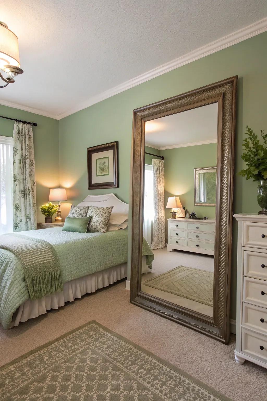 A large reflector enhances space and light, adding elegance to the bedroom.