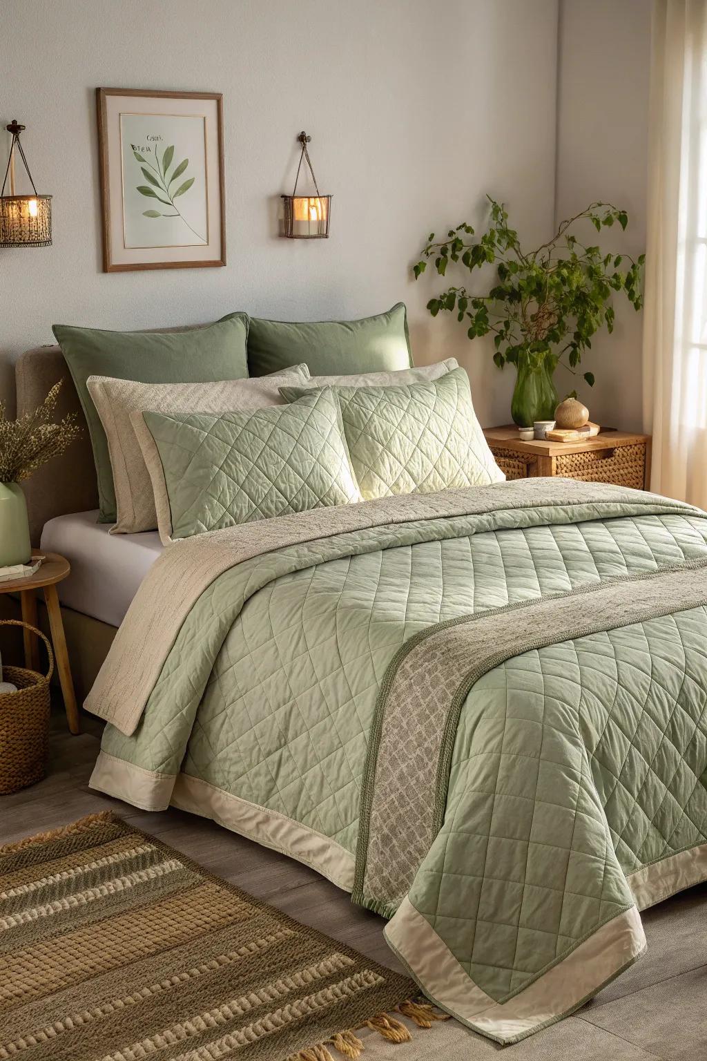 Produce a serene ambiance by using soft green and beige.