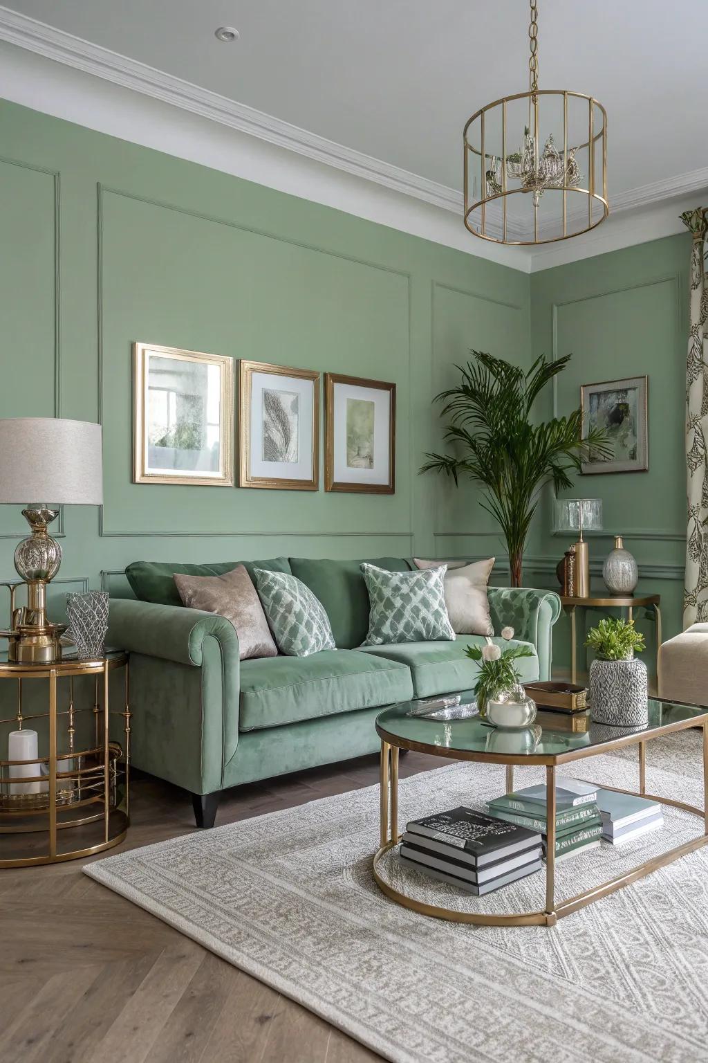 Metallic touches add a sophisticated shine to sage green interiors.