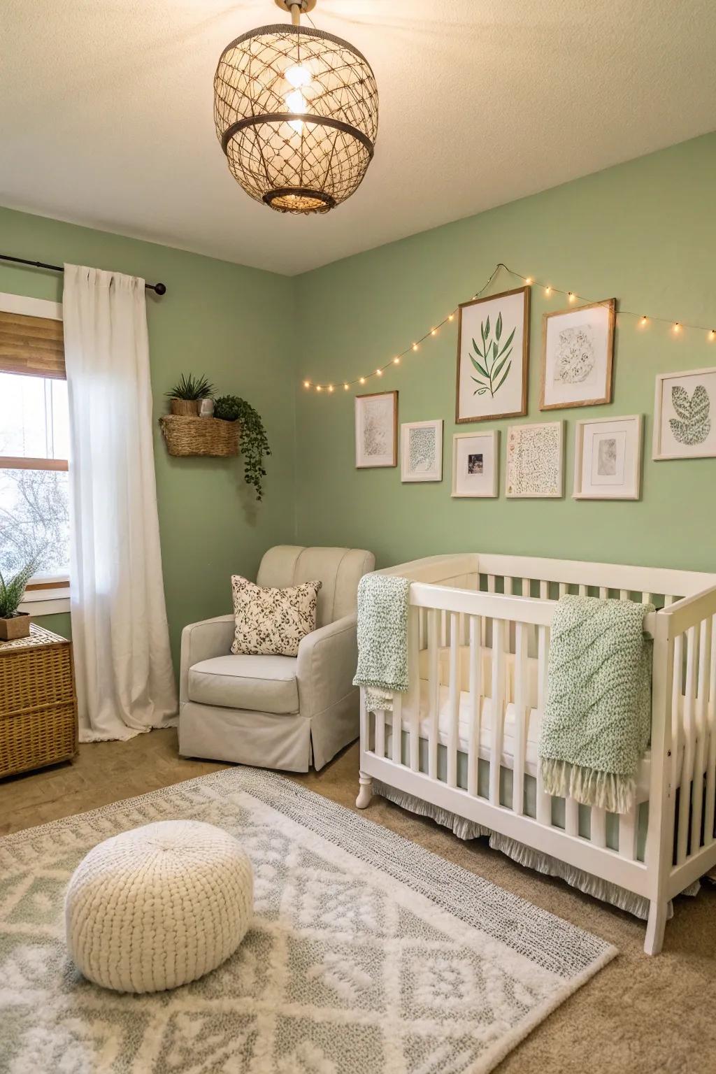 Gentle accent colors balance the sage green in this nursery.