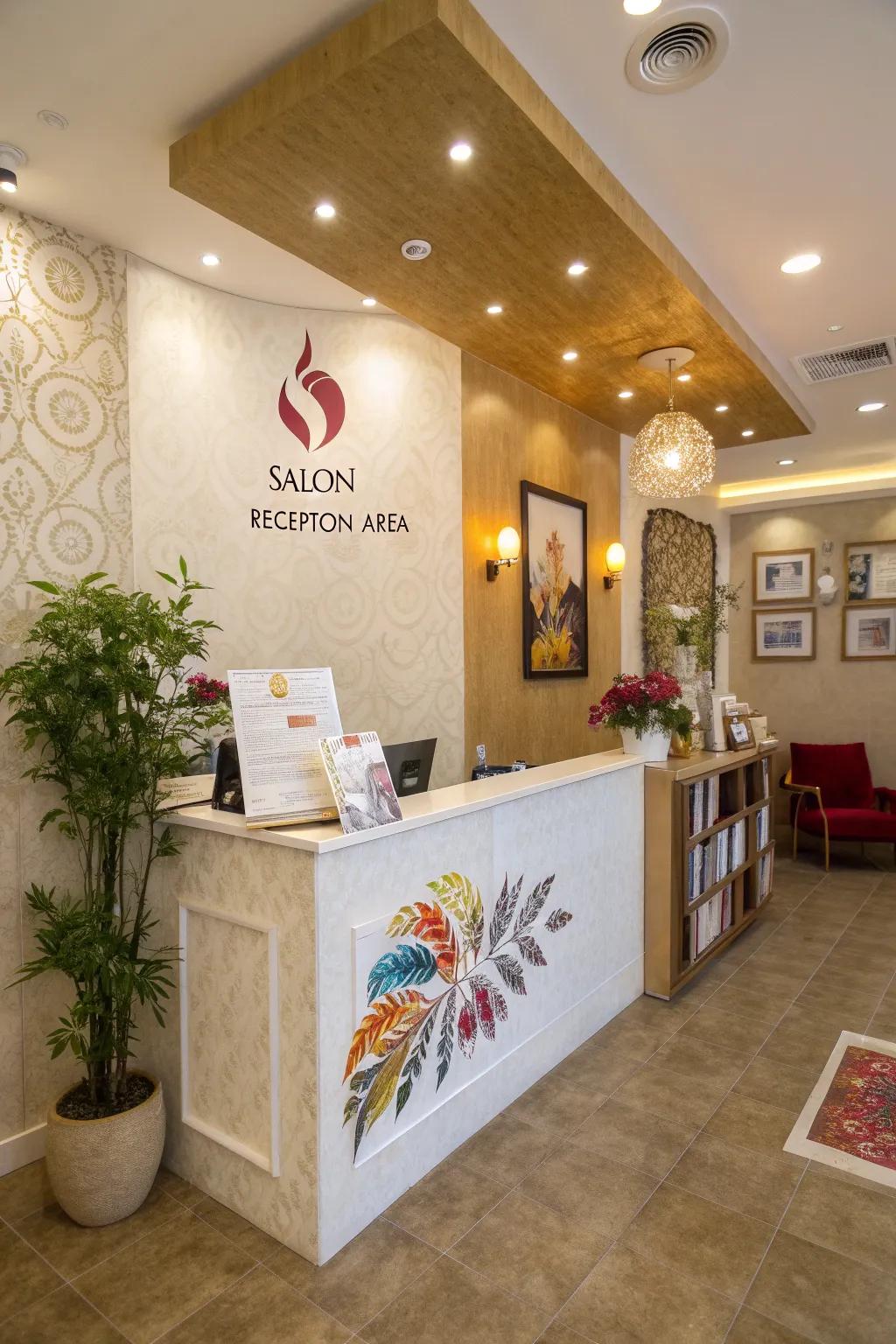 A salon entry showcasing personalized branding through logos and color themes.