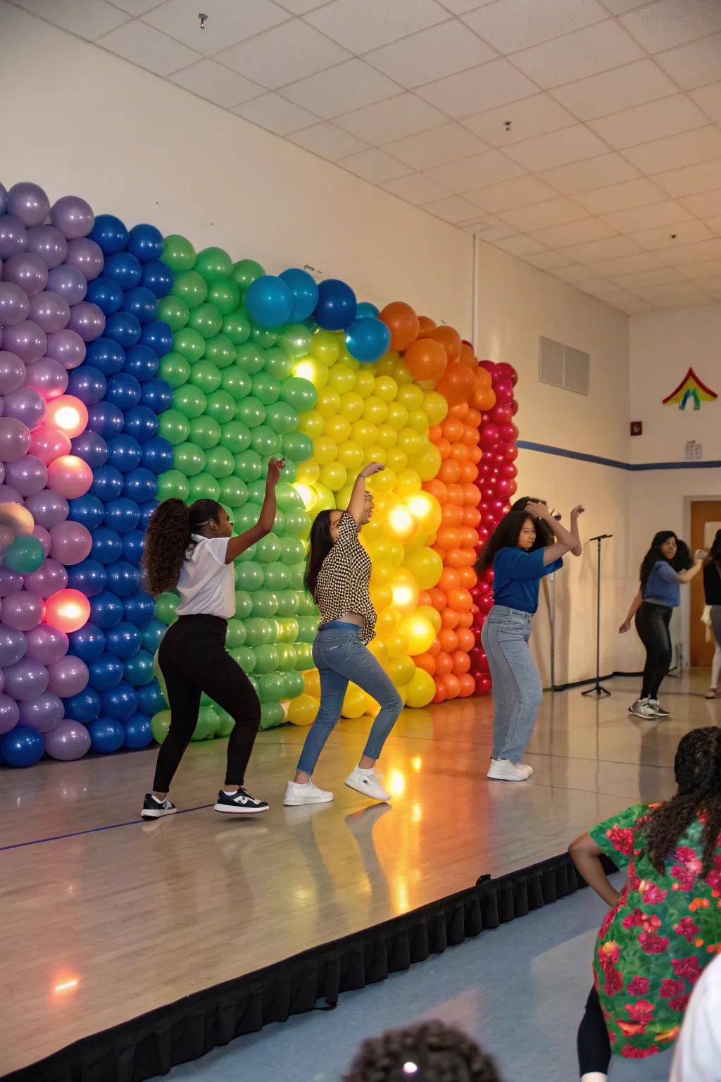 A vibrant balloon wall backdrop for photo opportunities.