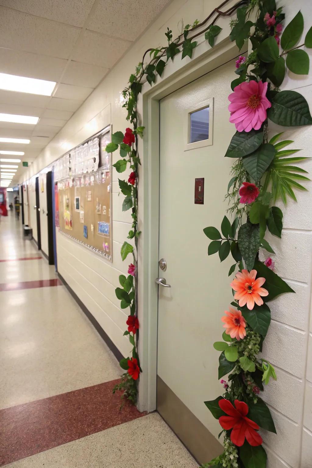 A nature-inspired school door featuring blossoms and foliage.