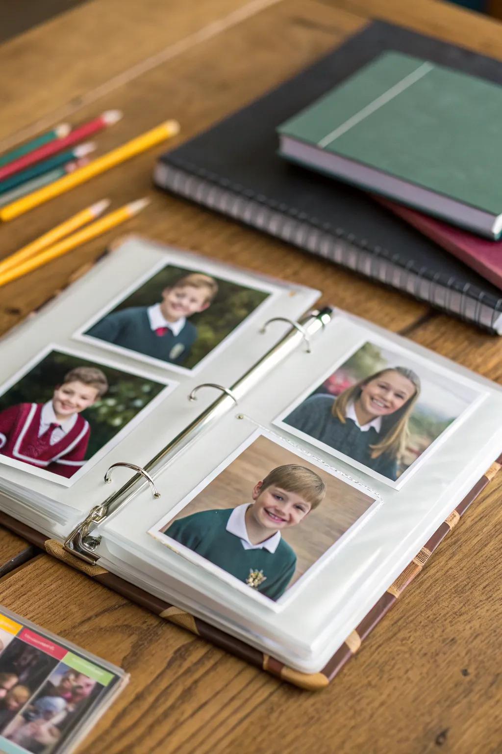 A memory album containing school photos.
