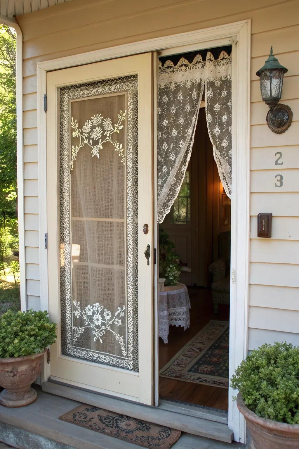 This embroidered screen door adds a delicate, handmade touch to this home.