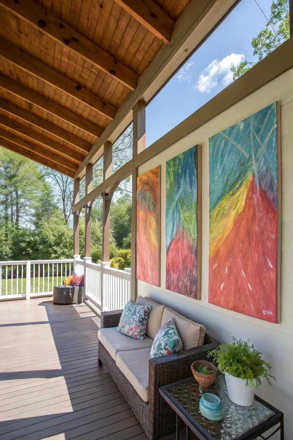 The porch is given a personal touch by a piece of DIY art.