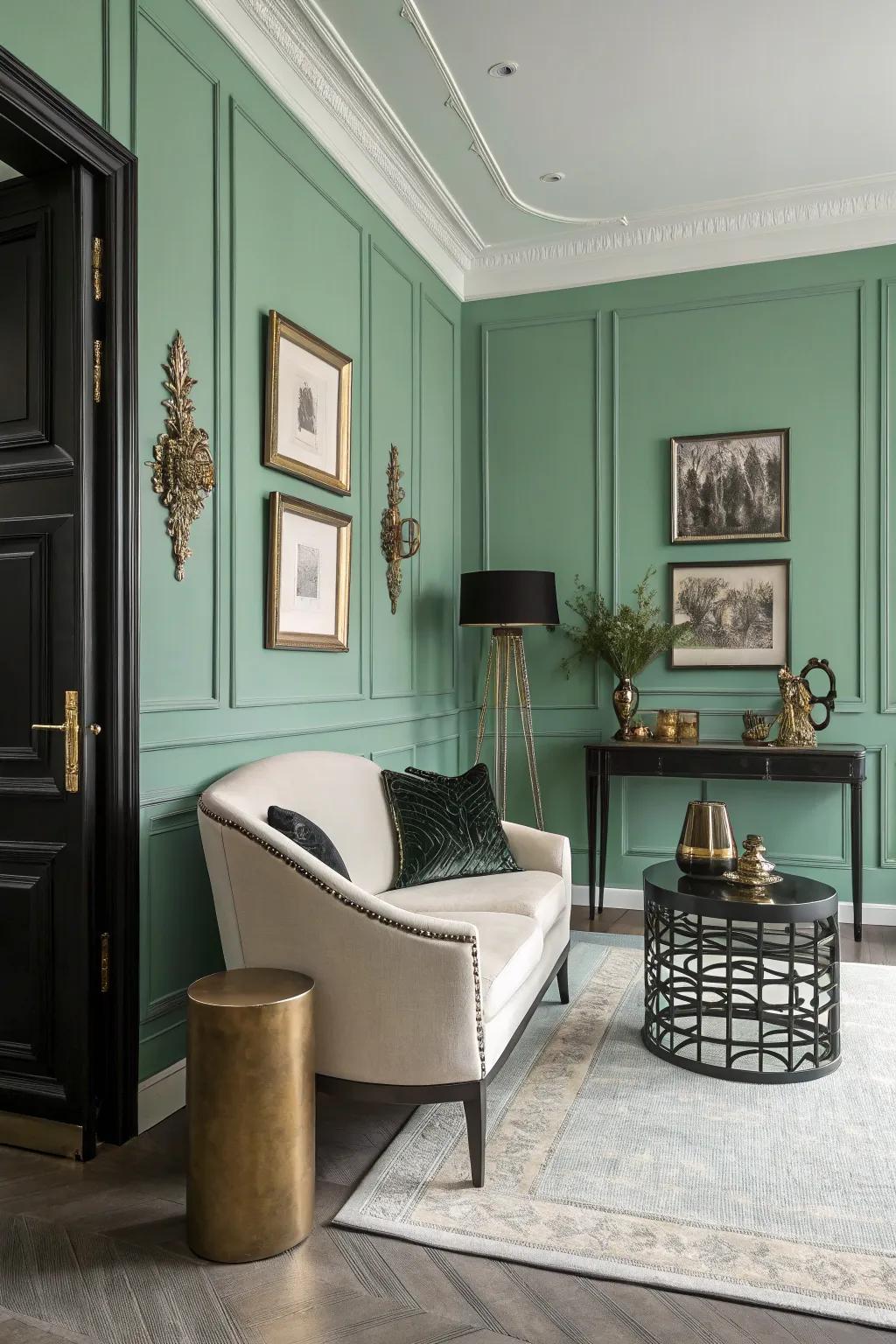 A balanced room features seafoam green walls and a toned-down palette.