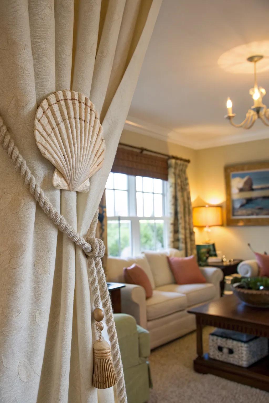 Shell fasteners contribute a whimsical coastal aspect to your window coverings.