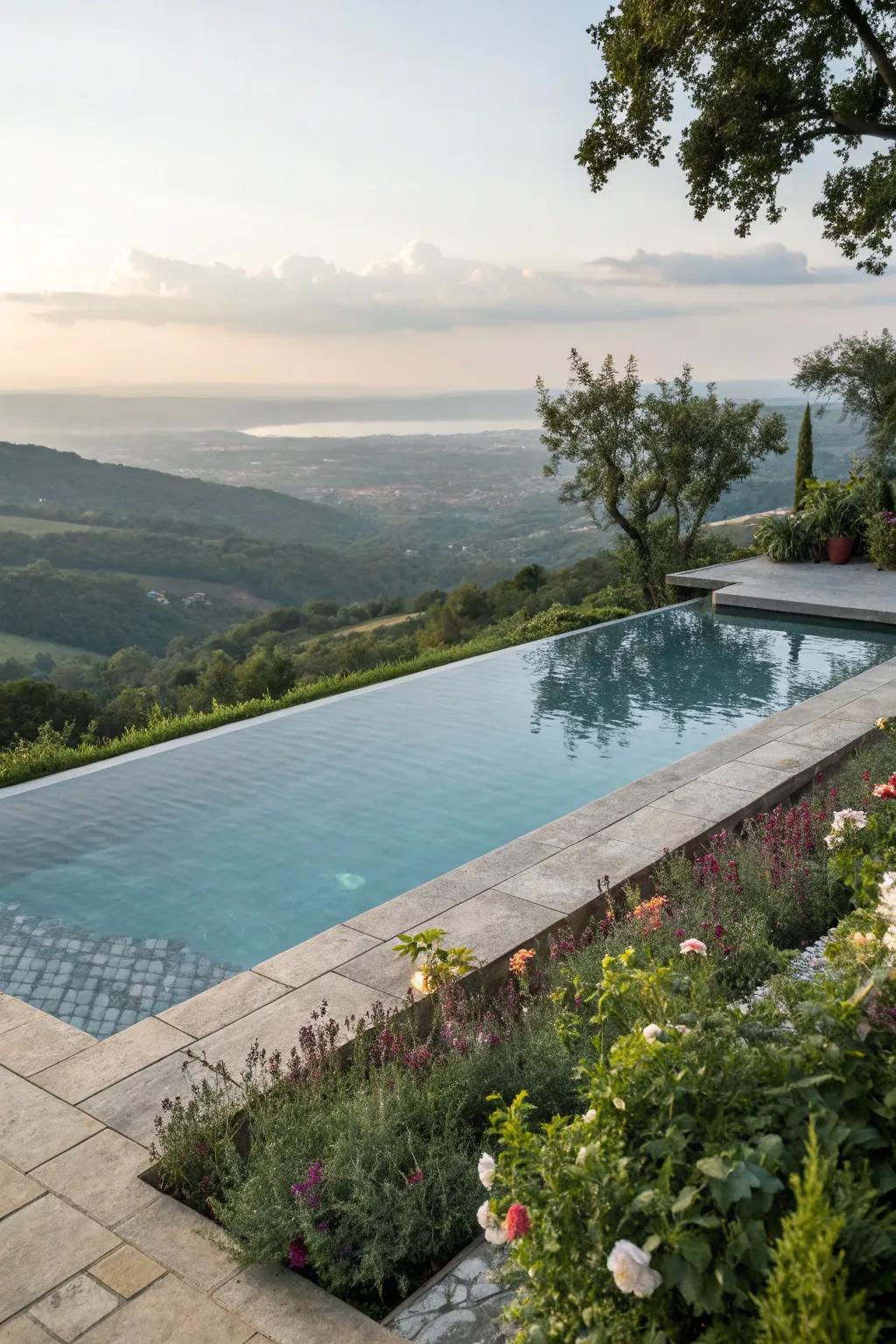 A semi inground pool with a dramatic infinity edge that enhances the landscape.