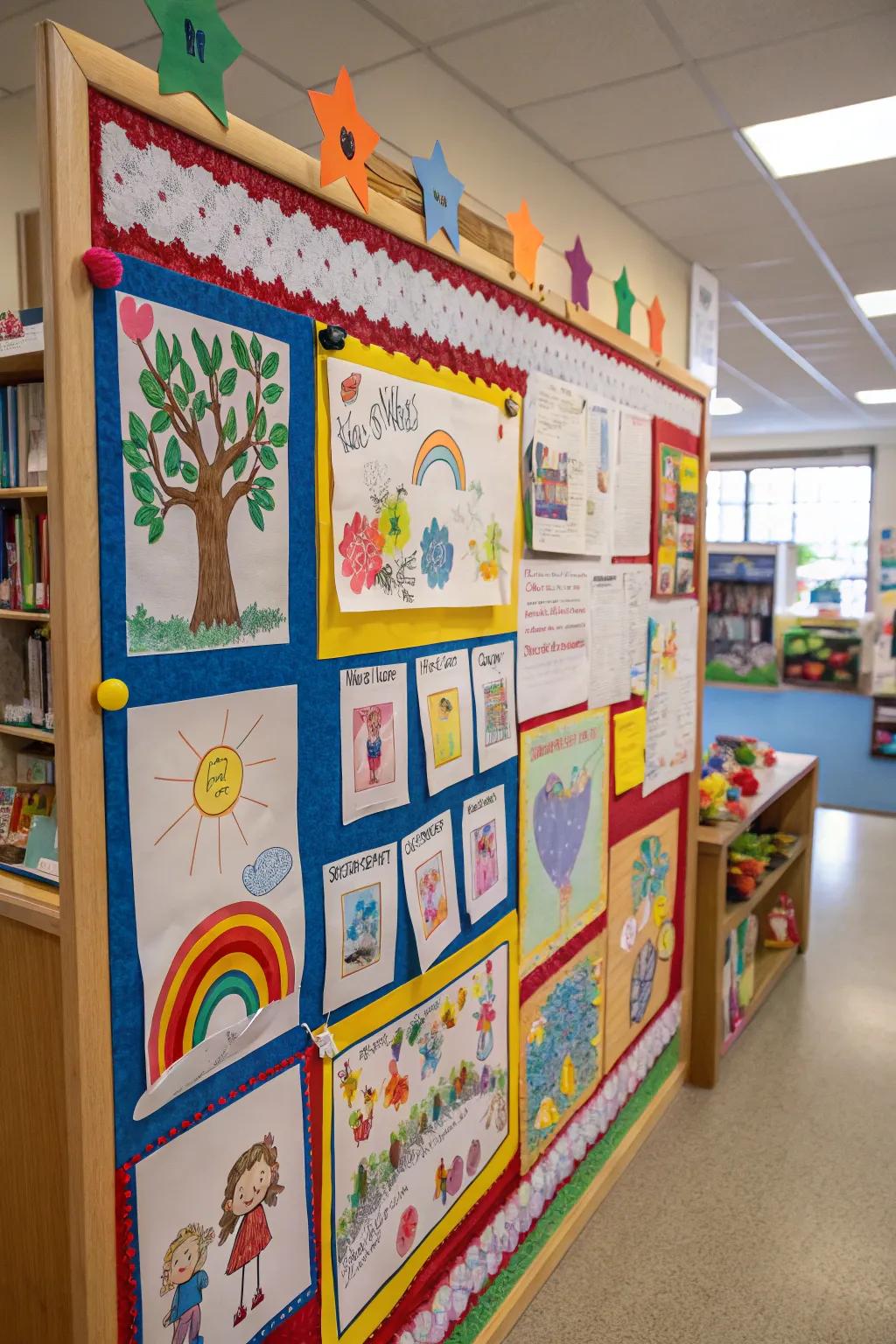 A harvest-themed bulletin board displaying children's artwork.