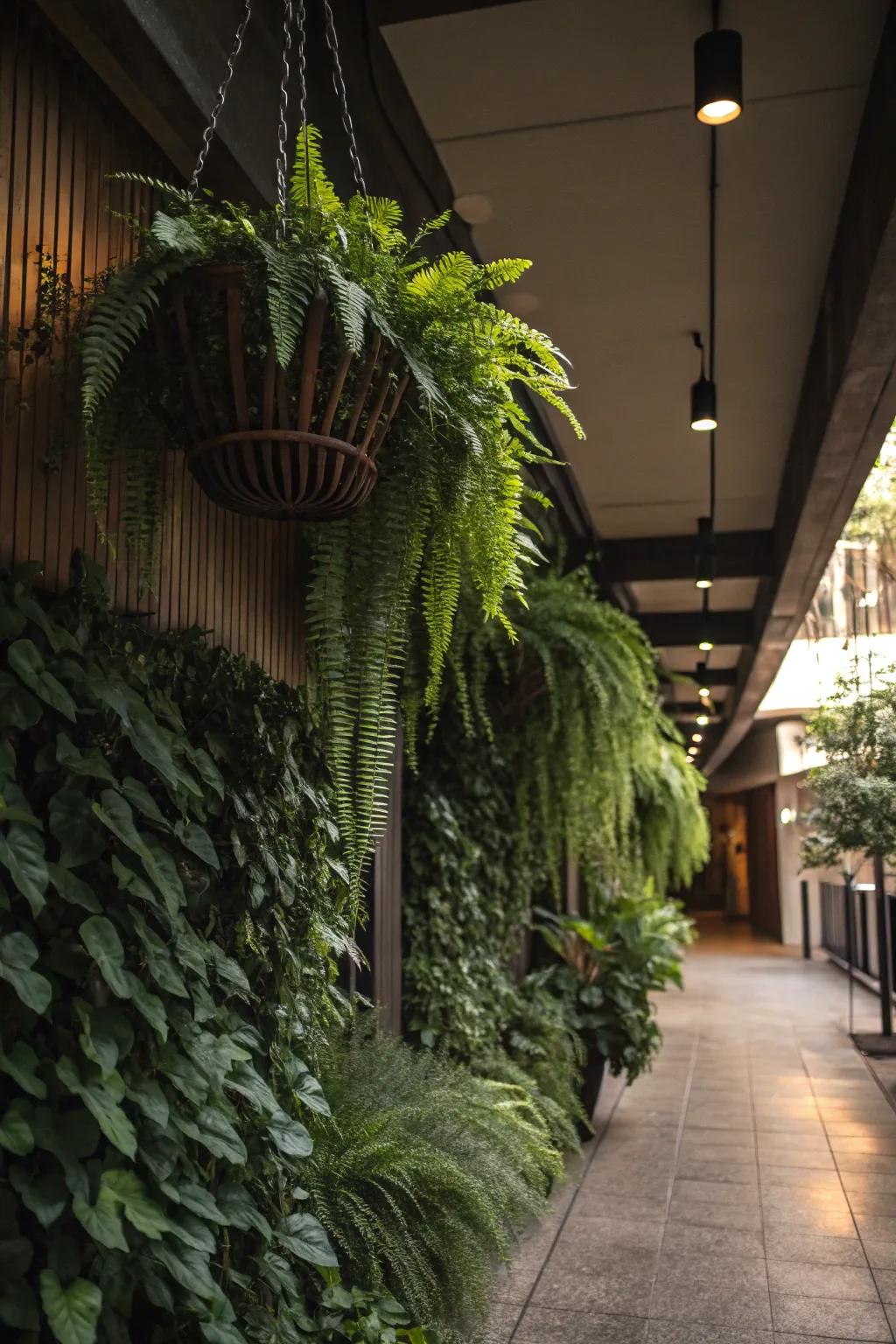 A vertical garden in a shaded locale with overhanging containers filled with ferns and cascading flora.
