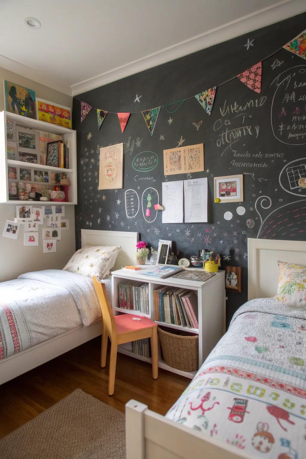 A writing board wall encourages creativity and fun interaction.