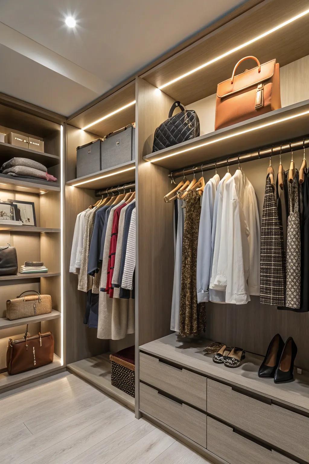 An elegant closet with built-in lighting for improved clarity.