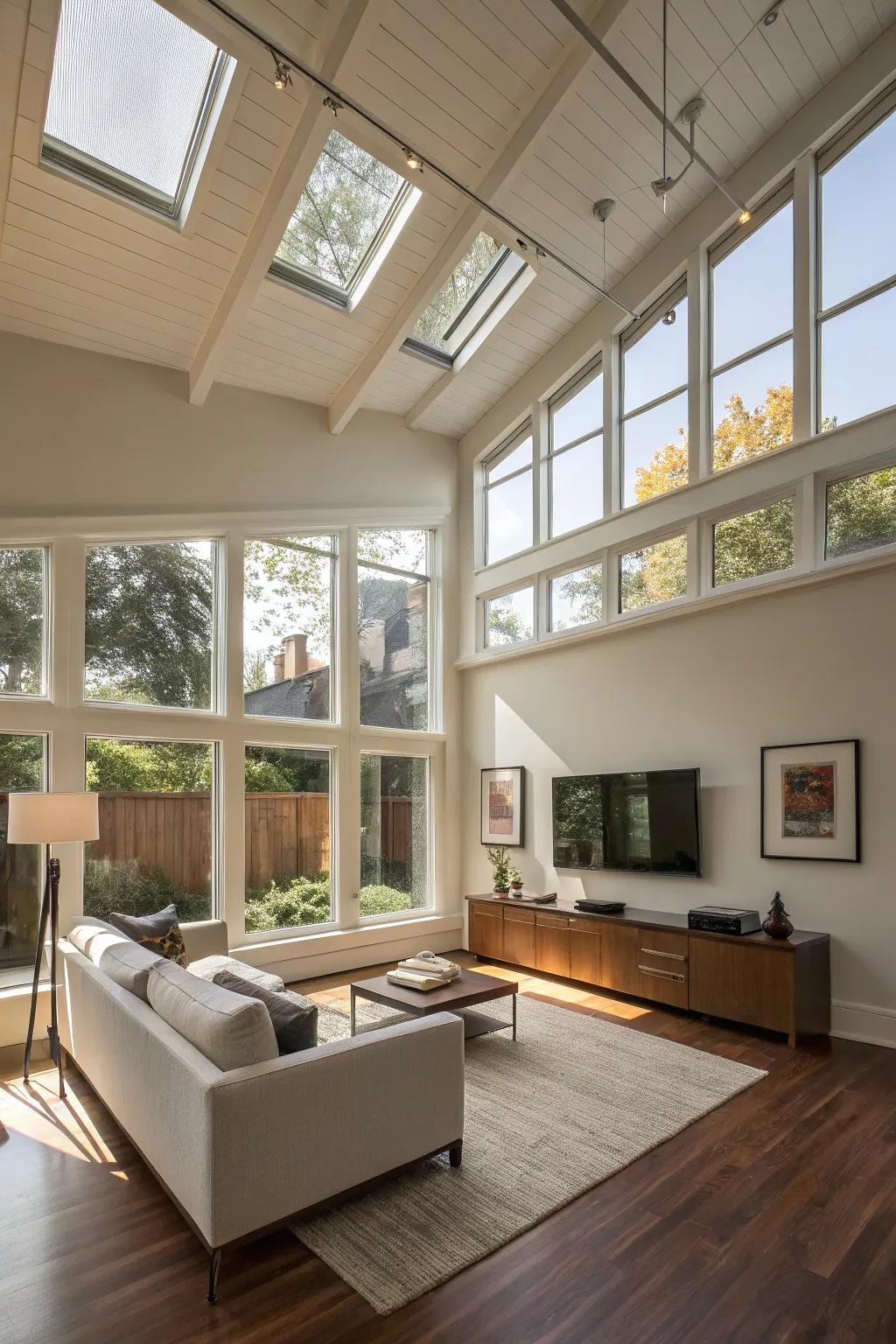 An urban refuge with high windows enhancing natural light.