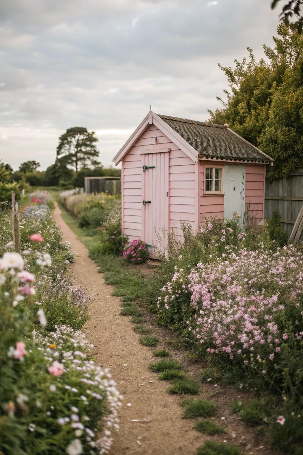 Soft pastels add a gentle touch to your garden shed.